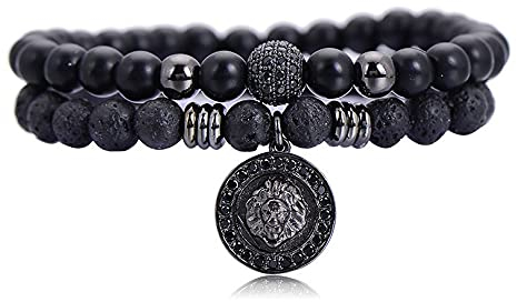 Lisandra Scott Doppelarmband aus Vulkangestein mit Löwenkopf und Natursteinperlen für Herren aus Edelstahl I Armband Verstellbar mit Löwe und Perlen Armbänder Männer Schmuck (Schwarz)