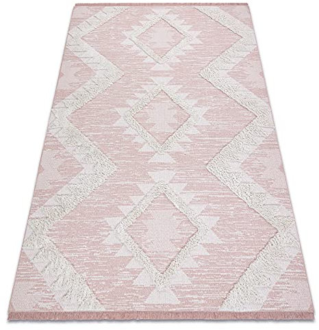 rugsx Teppich ÖKO SISAL Boho MOROC mit Fransen, Innen & Außen Hochwertiges für Schlafzimmer, Terrasse, Balkon - Zwei Ebenen aus Vlies rosa/Creme, recycelter Teppich 117x170 cm