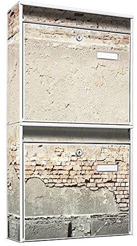 banjado Briefkastenanlage 2 Fach - 2 Briefkästen 36x64x10cm groß - Doppelbriefkasten Set - Namensschild, 2 Schlüssel, Montagematerial - Stahl verzinkt weiß - Motiv Baulücke