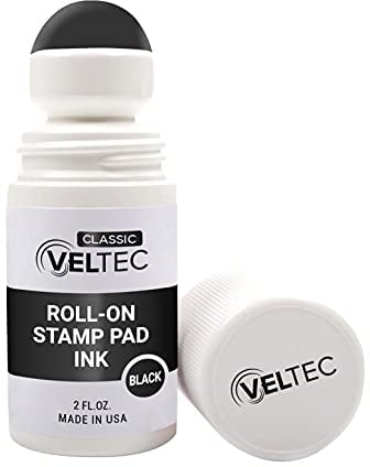 Veltec Classic Roll-on Stamp Pad Ink Refill, 2 oz Bottle, Apply to Ink Pad with Roller Ball (Black)