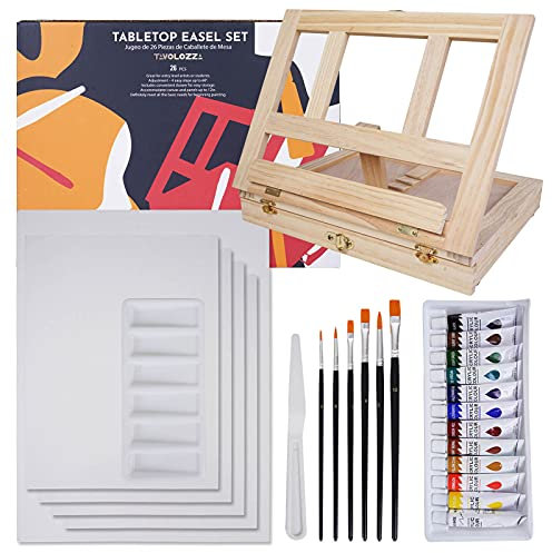 Tavolozza - Juego de 26 caballetes de pintura acrílica, kit de caballete de madera con caballete de mesa, pinturas acrílicas de 12 colores, 5 paneles de lienzo, caballete de pintura portátil para