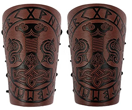 HiiFeuer Viking Armschiene Geprägte Fenrir Mjolnir Kunstleder Armrüstung, Mittelalterliche PU Leder Armschienen für LARP Aktivitäten, Halloween (Braun)