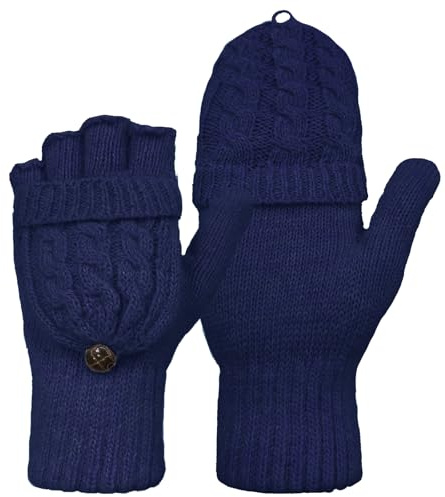 Beurlike Fingerlose Winterhandschuhe für Damen und Herren, warme Wolle, gestrickt, wandelbar, Flip-Top-Fäustlinge, kaltes Wetter, Marineblau