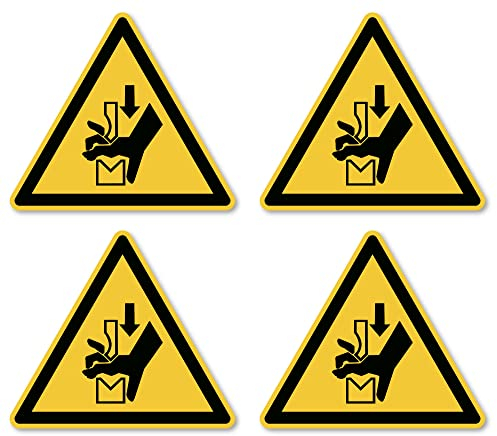 Warnung vor Quetschgefahr der Hand zwischen Werkzeugen einer Presse: W030 - DIN EN ISO 7010 / ASR A1.3 - Aufkleber: 7.5 cm, 4 Stück