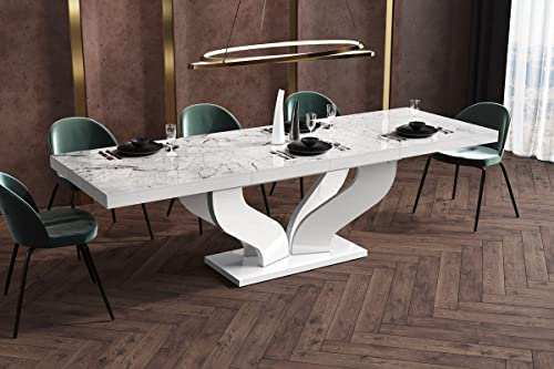 Design Esstisch HEB-222 Marmoroptik/Weiß Hochglanz ausziehbar 160 cm bis 256 cm Esszimmertisch für bis zu 10 Personen Hochglanz Funktionstisch modern vielseitig Esszimmer erweiterbar zeitlos