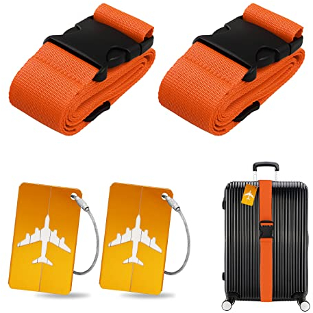 Koffergurt Kofferanhänger Set, 2 Stück gepäckband mit 2 Stück Gepäckanhänger Set, Kofferband Gurt Personalisierte Identifikation für Schnell erkennen Gepäck Reisetasche Koffer (Orange)