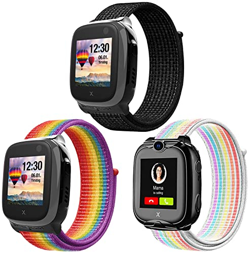 3-Stück Kinder Armbänder Kompatibel mit XPLORA X5 / XGO2/XGO3 Armband, Kids Smartwatch Weich Sport Nylon Ersatzbänder für X5 Play /XGO 2/XGO 3,Mädchen Jungen Geschenk, Schwarz+ Regenbogen+ Neon
