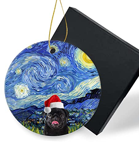 Hunde-Weihnachtsschmuck 2022, schwarzer Mops, Weihnachtsbaum, Keramik-Ornament, Dekoration, Geschenke, Andenken für einen Hundeliebhaber, Weihnachtsdekoration, 7,6 cm, mit Geschenkbox