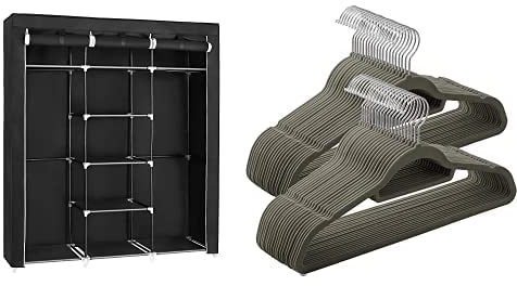 SONGMICS Kleiderschrank, Faltschrank, Stoffschrank, faltbare Garderobe mit 2 Kleiderstange,RYG12B + SONGMICS 50 Stück Kleiderbügel Samt, Anzugbügel Jackenbügel mit Rutschfester Oberfläche, grau CRF50V