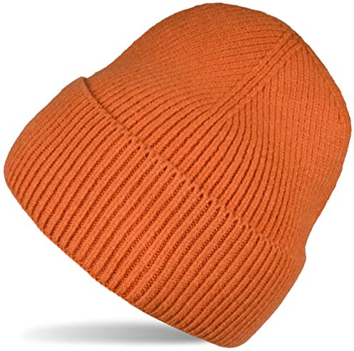 styleBREAKER Unisex Strickmütze mit Rippenmuster und breiter Krempe, Feinstrick Mütze doppelt gestrickt, Strick Beanie 04024190, Farbe:Orange