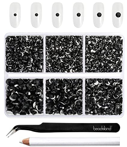 Beadsland 4300 strass neri con retro piatto, pietre chiodate, strass rotondi di cristallo per fai da te, mescolati in 6 misure, con pinzette per picking e set di penne a cera, SS6-SS20, nero