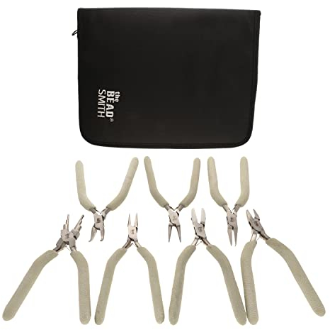 The Beadsmith Wire Elements Tool Set - 7-Piece Kit (Round Nose, Bent Chain Nose, Flush Cutter, Flat Nose, Nylon Jaw Flat Nose, Chain Nose & Wire Looper), Polished Steel Head with Comfort Grip Handle