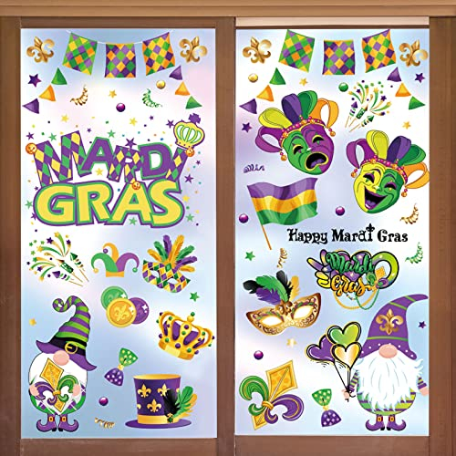 Whaline Karnevals-Fensteraufkleber, Karneval, Zwerg, Clown, Fensteraufkleber, wiederverwendbar, lila, grün, gelb, PVC-Aufkleber für Karneval, Party, Zuhause, Büro, Fenster, Zubehör, 8 Blatt