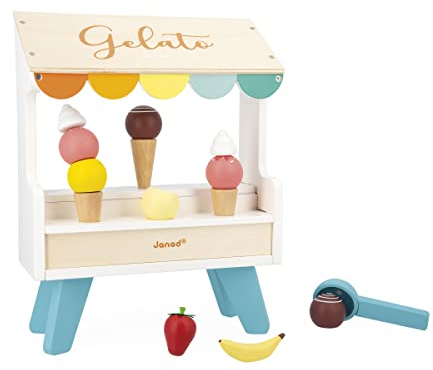 Janod- Play Food Puesto de Helados de Madera-14 Accesorios Magnéticos-Juego de Imitación-Juguete de Madera FSC-A Partir de 3 Años, J06558, Multicolor, Medium (JURATOYS
