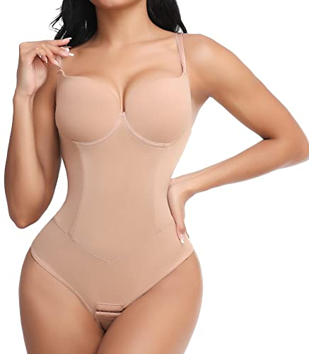 Joyshaper Damen Shapewear Body Tanga Bauchweg Body Shaper Tummy Control Thong Bodysuit Mieder String Shaping Unterwäsche Beige L