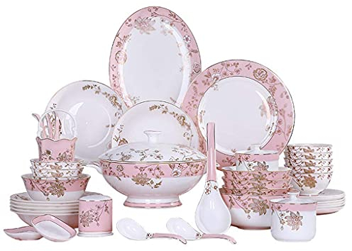 Service de vaisselle en céramique avec 42 pièces,bol/plat/pot à soupe/cuillère | Services de table en porcelaine tendre,assiettes en porcelaine à motif de fleurs en or rose