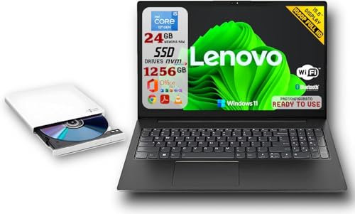 Lenovo, Pc Portatile Notebook, Intel i5 12Th, 24GB RAM, Full HD 15,6, 1256GB(Nvme 256GB + SSD 2.5’’ 1TB), Windows 11 Pro, Office 2021 Pro Plus, Masterizzatore DVD Esterno, Pronto All'Uso