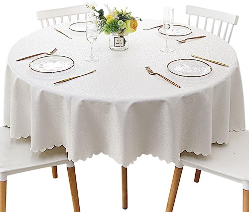 Jeloris Runde wasserfeste Vinyl-Tischdecke, fleckenresistente schwere Plastik-Tischdecke, abwischbare, auslaufsichere, ölfeste Vinyl-Tischdecke für Küche, Esszimmer, Partys, Hochzeiten (160 cm, Weiß)