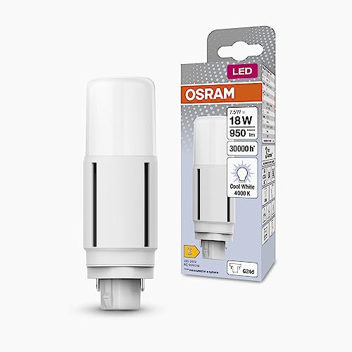 OSRAM DULUX LED D18 VT EM, G24D, 7,5W, 950lm, 4000K, kaltweiße Lichtfarbe, für vertikale Applikationen geeignet dank Abstrahlwinkel von 300 Grad, extrem lange Lebensdauer, keine Aufwärmzeit