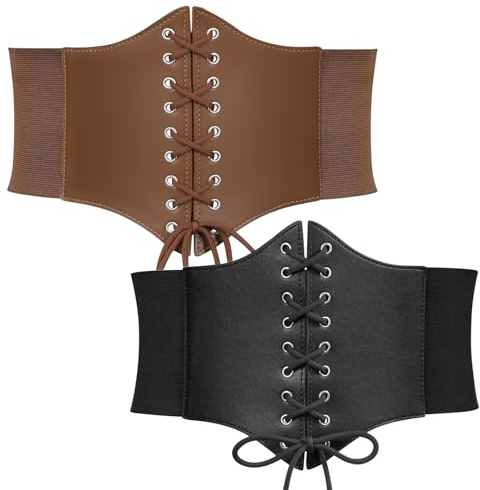 WERFORU 2 Stück Frauen Taille Korsett Tied Waspie Gürtel, Breiter Schnürgürtel für Damen, Halloween Elastische Taille Gürtel Schwarz/Hellbraun