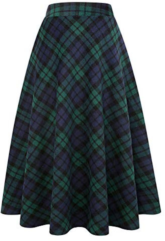 IDEALSANXUN Damen Plaid Wolle Röcke Elastische Taille A-Linie Plissee Tartan Lange Röcke, Grün 1901, 3X-Groß
