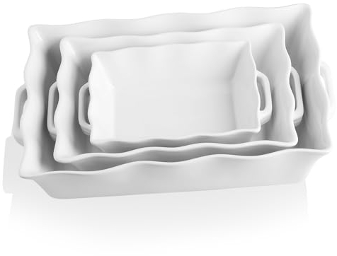 Sweejar Home Casserole Dishes for Oven, Ceramic Bakeware Set of 3, Rectangular Baking dish with Handles, Wave Edge Lasagna Pan Deep for Cooking, Cake, Dinner, Banquet and Daily Use (White)