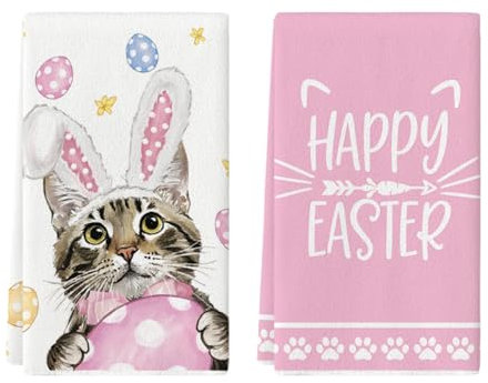 Artoid Mode Hasenohr Ostereier Katze Ostern Küchentücher Geschirrtücher, 42x65 cm Spring Happy Easter Dekoration Polyester Handtücher 2er Set