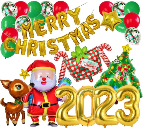 Merry Christmas Dekoration Weihnachts Banner Riesenzahl 2023 Gold Folienballon Weihnachtsmann Rentier Weihnachtsbaum Geschenk Zuckerstange Ballon Deko Konfettiballons Grün Rot Weinachten 2023