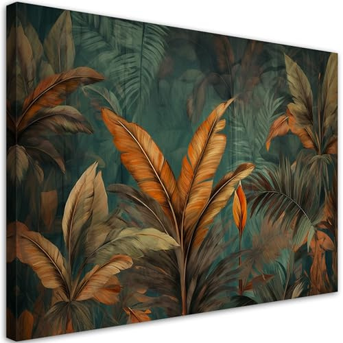 Feeby - Wandbilder Wohnzimmer 120x80 cm, Laub Natur, Leinwand Bilder, Bilder für Schlafzimmer, Echter Gemalter Effekt, Moderne Wanddeko, Gemälde - Dschungel Exotik Orange