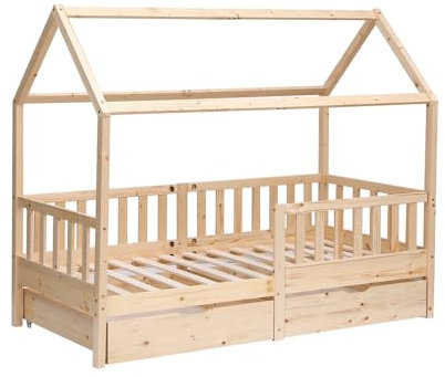 FurnitureHMD Wooden Kids Bed Frame,Solid Pine Wood,3 FT Single House Bed Frame,Chidren Floor Bed with Two Drawers,White,Natural (natural)