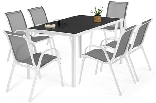 IDMarket – Salón de jardín Madrid Mesa 150 cm y 6 sillas apilables blanco y gris