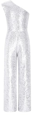 MSemis Kinder Mädchen Pailletten Body Einteiliger Jumpsuit Festlich Hosenanzug Eine Schulter Bodysuit Lang Tanzoverall Party Outfit Silber 158-164