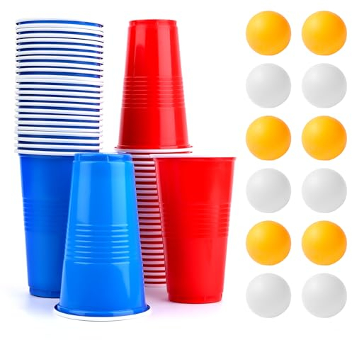 Ensemble de gobelets à bière-Pong, 50 Biere Pong(500ml) avec 12 Balles de Ping-Pong, réutilisables Tasse de bière Pong, Jeux à Boire Gobelets en Plastique, gobelets de fête