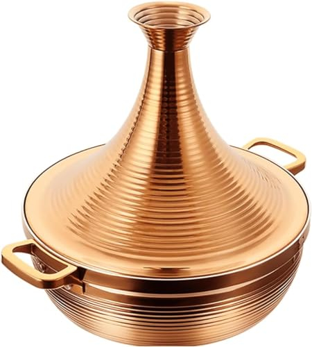 Vinbcorw Moroccan Tagine,304 Stainless Steel,Non Stick Moroccan Casserole with 2 Handles,Large Moroccan Cooker Handmade Tagine Pot with Cone-Shaped Lid,Gold,28cm