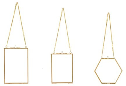 JNJOOD Glasrahmen mit gepressten Blumen, goldener Glas-Bilderrahmen zum Aufhängen, mit Kette, schwimmende DIY-Kunstwerk-Display-Rahmen, 3 Packungen