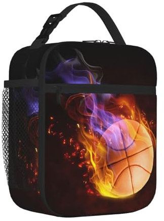 Miyeiw Personalised Basketball Lunch Bag with Fire Pattern, Custom Sports-Themed Insulated Lunch Box with Name/Text Printed for Adults Kids Boys Girls, Portable Meal Bag with Side Pockets and Handle