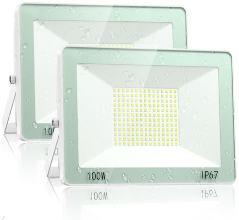 100W Foco LED Exterior - 2 Piezas 10000LM Proyector LED Exterior con IP67 Impermeable, 7000K Blanco Frío LED Exterior para Fábrica, Patio, Estadio, Garaje