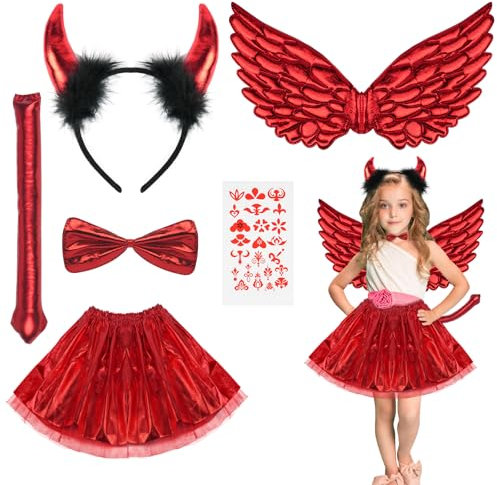 ACWOO Teufel Flügel Kinderkostüm Set, 6 Stück Teufel Kostüm Kit, Teufel Kostüm Mädchen, Teufel Kostüm Rote Engelsflügel, für Mädchen, Halloween, Karneval, Weihnachten, Engel-Cosplay
