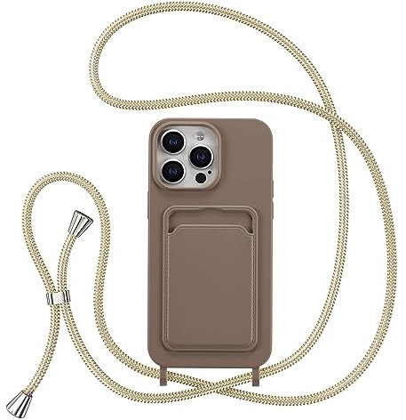 ZTOFERA Crossbody Lanyard Case for iPhone 13 Pro Max (6.7) with Card Holder, Soft Liquid Silicone Phone Case with Strap Adjustable Neck Cord Necklace Shockproof Protective Cover - Brown