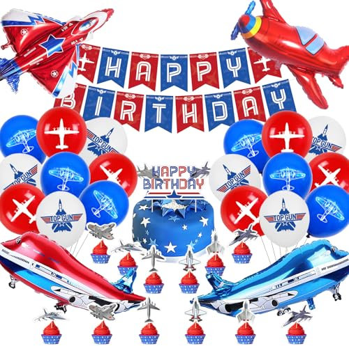 Flugzeug Deko Geburtstag,Flugzeug Geburtstag Luftballons 51 Stück,Flugzeug Kindergeburtstag Party Set,Flugzeug Ballons Helium,Airplane Jungen Mädchen Geburtstagsdeko mit Banner Tortendeko