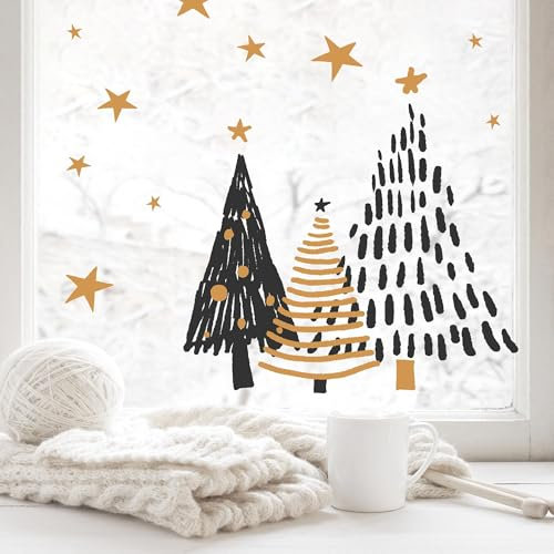 Wandtattoo Loft Fensterbild Weihnachten Tannenbäume Set mit Sterne schwarz beige minimalistisch Fensteraufkleber Weihnachtsdekoration wiederverwendbar, 2. A3 Bogen