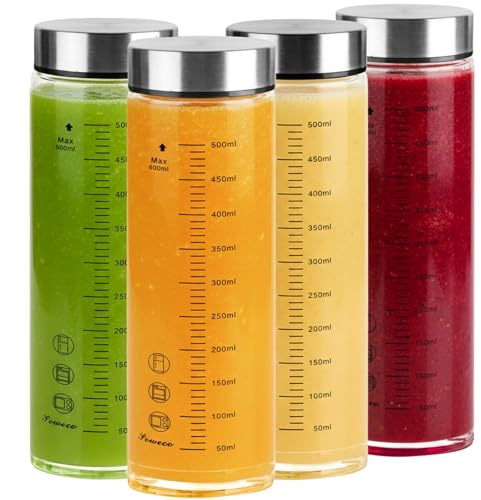 poweco Glasflasche 600ml mit Deckel - 4er Pack, Trinkflasche Glas & Saftflasche aus Borosilikatglas - Smoothie & Shaker Becher - Zum Befüllen - BPA-Frei
