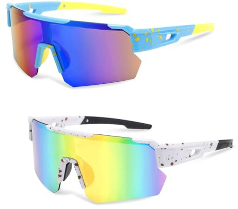 KUWUNG 2 Stück Sonnenbrille Herren Damen, Schnelle Brille, Rave Brille, Fahrradbrille für Adults and Teens, UV400 Polarisiert Sportbrille Sonnenbrille Fahrradbrille Winddicht für Draußen Sport