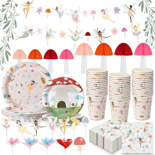 Honeydak 132-teiliges Feen-Partyzubehör-Set, Dekoration, Teller, Servietten | Girlande Banner Kuchen Topper Wabenpilz für Geburtstag Floral Einwegpapier Garten Frühling Fee Thema Party