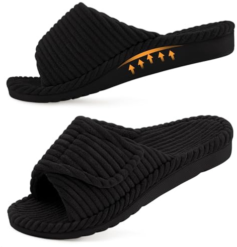 Litfun Orthopedic House Slippers for Women Adjustable Arch Support Indoor Slippers Open Toe Corduroy Bedroom Shoes, Black 3.5-4