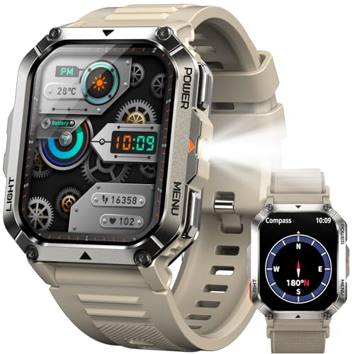 IOWODO Smartwatch Uomo Militare 2.01 con Chiamate Bluetooth, Batteria 900mAh, Torcia LED, Bussola, IP68 Impermeabile, Monitoraggio Cuore/Ossigeno nel Sangue/Sonno, 123 Modalità Sportive, 2 Cinturini