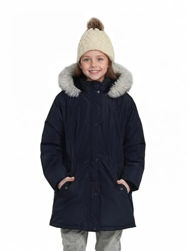 SOLOCOTE Abrigo de invierno para niñas resistente al agua chaqueta de esquí gruesa con capucha de plumas falsas parka larga para niños Marina 12 años