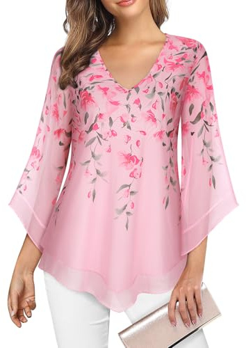 Gemulate Chiffon Tops for Women UK Plus Size Ladies Tops for Wedding Guest Womens Blouses Ruffle 3/4 Sleeve Tunic Top Loose Flowy V Neck Chiffon Top Double Layers Mesh T Shirts Pink Floral XXL