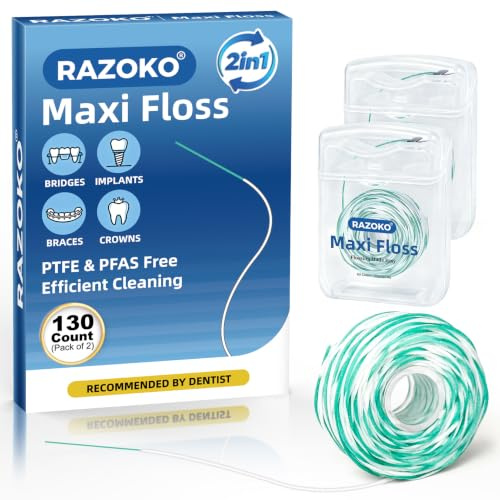 RAZOKO 2-in-1 Superfloss Zahnseide mit Einfädler für Zahnspangen, Implantate & Brücken, 130 Stück (2 x 65er Pack), Expandierend & Gewachst, Leichte Minze