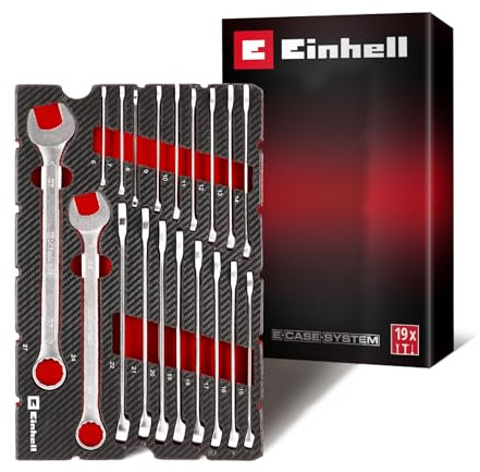 Einhell E-Case Werkzeugeinlage 19-tlg. Gabel-Ringschlüssel-Set | Ø 6–27 mm | 12-Kant-Profil | CrV-Stahl | satinierte Oberfläche | EVA-Pad | E-Case-System